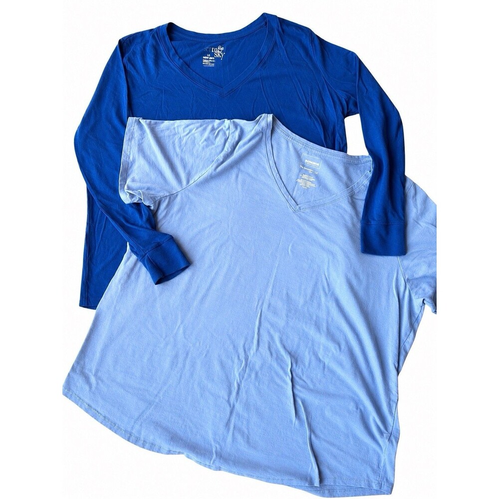 Lot of 2 Women’s Plus Size 1X Blue V Neck Tops Terra & Sky Sonoma Casual Tees